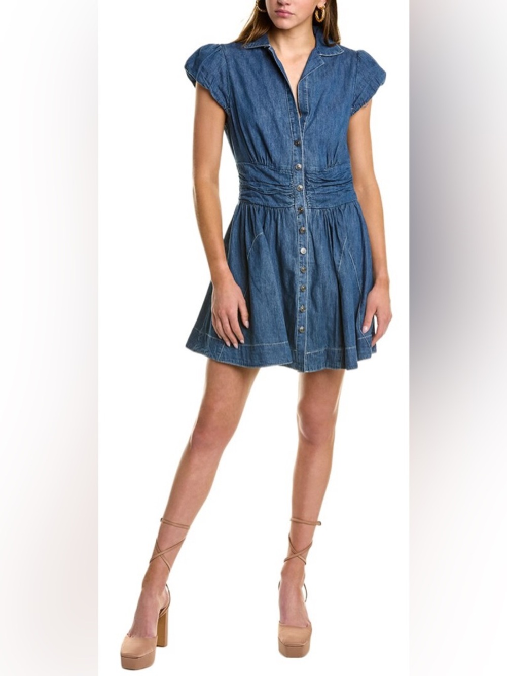 Free People Chester Denim Mini Dress button-front closure and a ruched waist